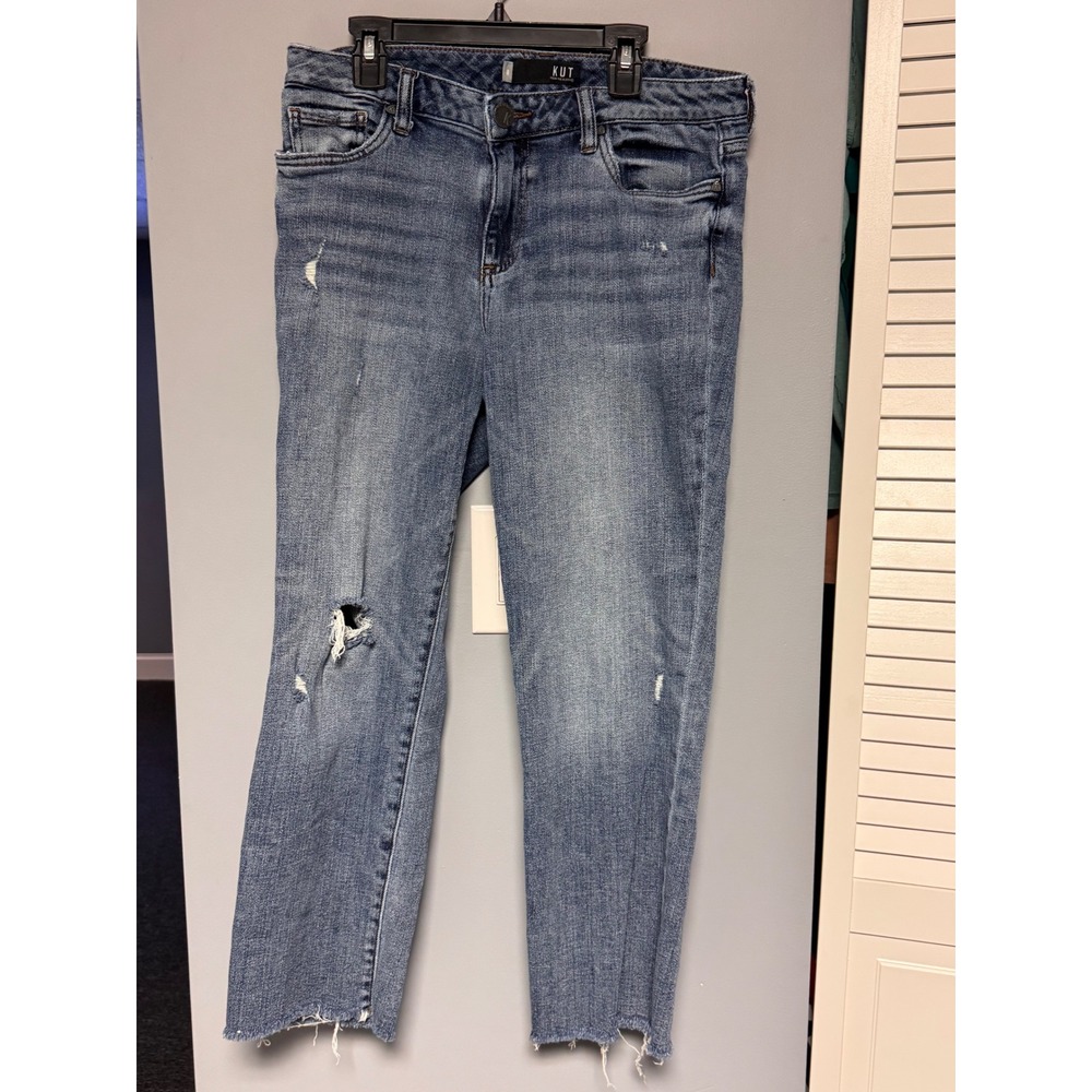 Kut from the Kloth Reese Ankle Straight Leg Distressed Raw Hem Jeans Blue Size 8
